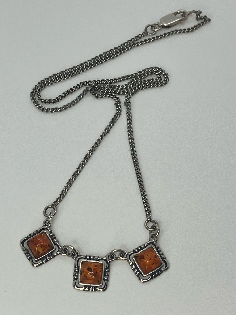Vtg 925 Amber Cabochon Geometric Sterling Silver Necklace Vintage Modernist